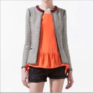 Zara woman tweed blazer with red stone collar